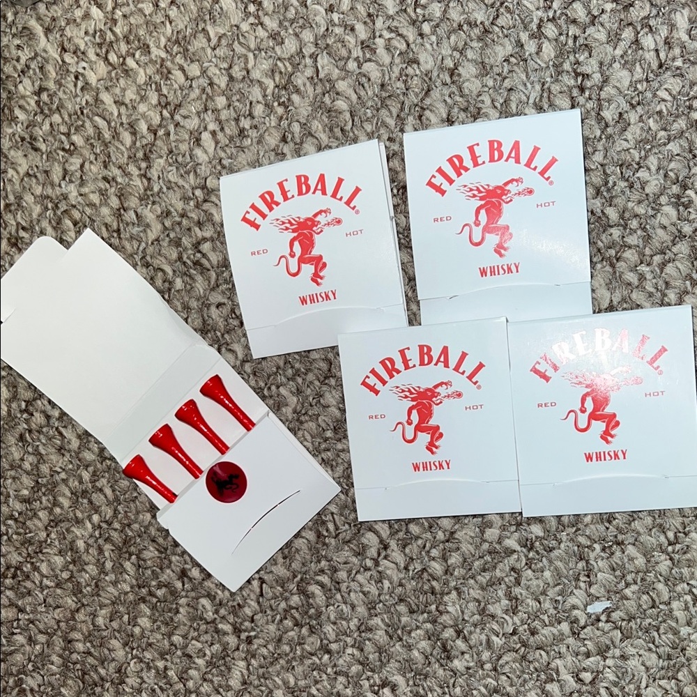 NWOT 5-4pc (25pc) fireball whiskey red wooden Golf Tee Match Books